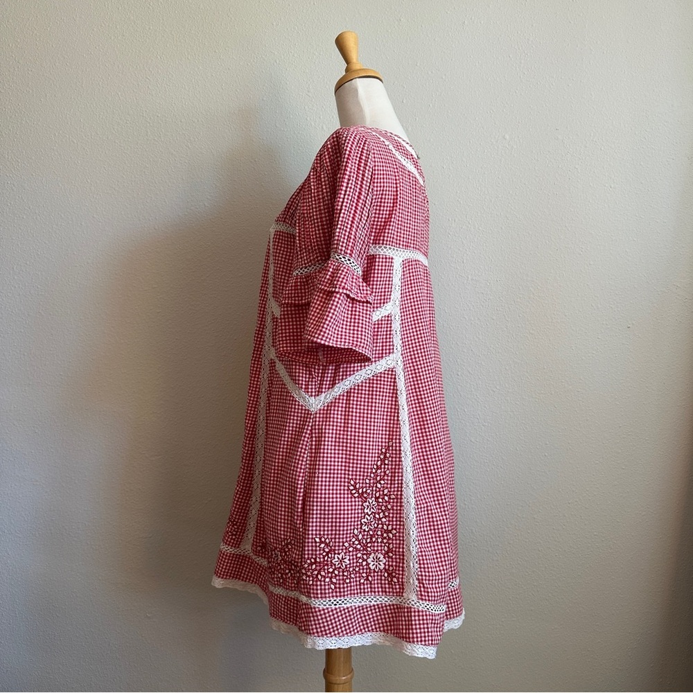 Free People Sunny Day Embroidered Red Gingham Shift Dress with Short Sleeves - Picture 5 of 11